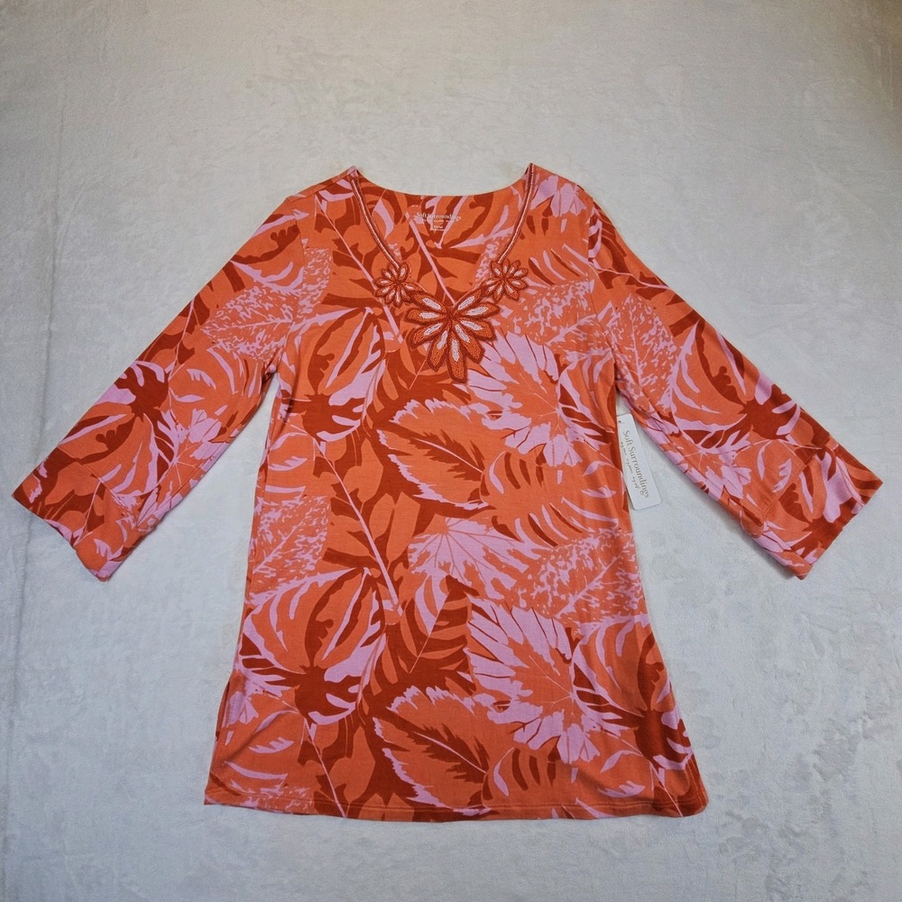 Soft Surroundings Womens XS Beaded Del Rio Tunic‎ Top Tropical Leaves Vacation